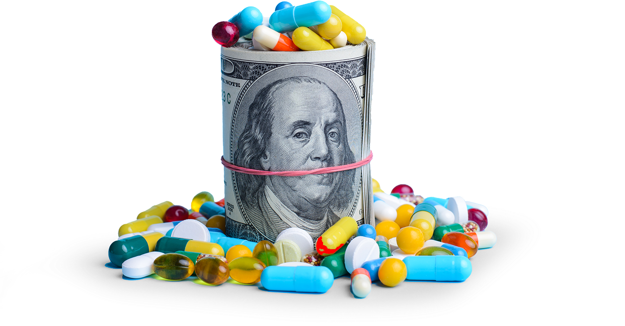 dollars wrapped around and pills scattered
